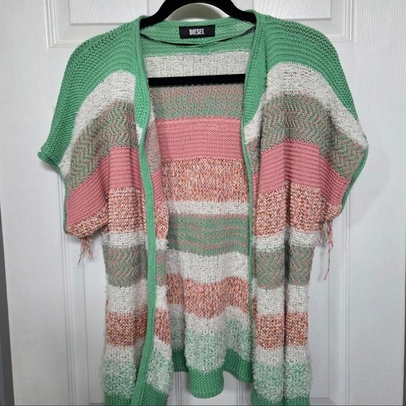 Diesel Sweaters - Diesel Striped Open-Front Knit Cardigan in Mint Pink Festival Western Boho Y2K
